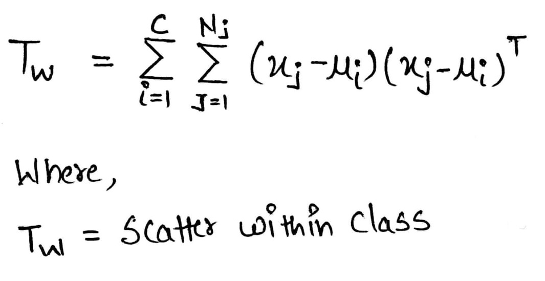 This image describes the formula to calculate scatter within a class for linear discriminant analysis in dimension reduction techniques.
